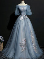 Vintage Princess Off Shoulder Half Sleeve Dusty Blue Appliques Ball Gown Classy Prom Dress