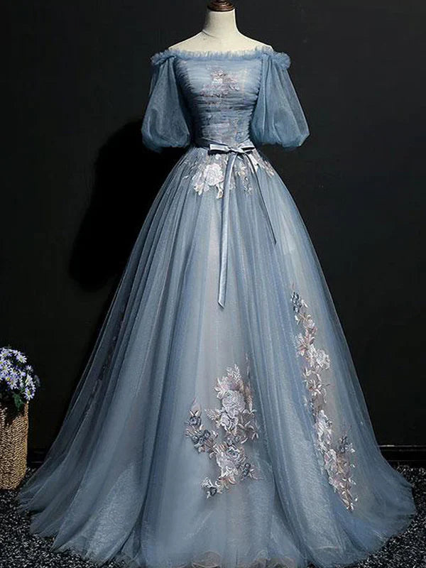 Vintage Princess Off Shoulder Half Sleeve Dusty Blue Appliques Ball Gown Classy Prom Dress