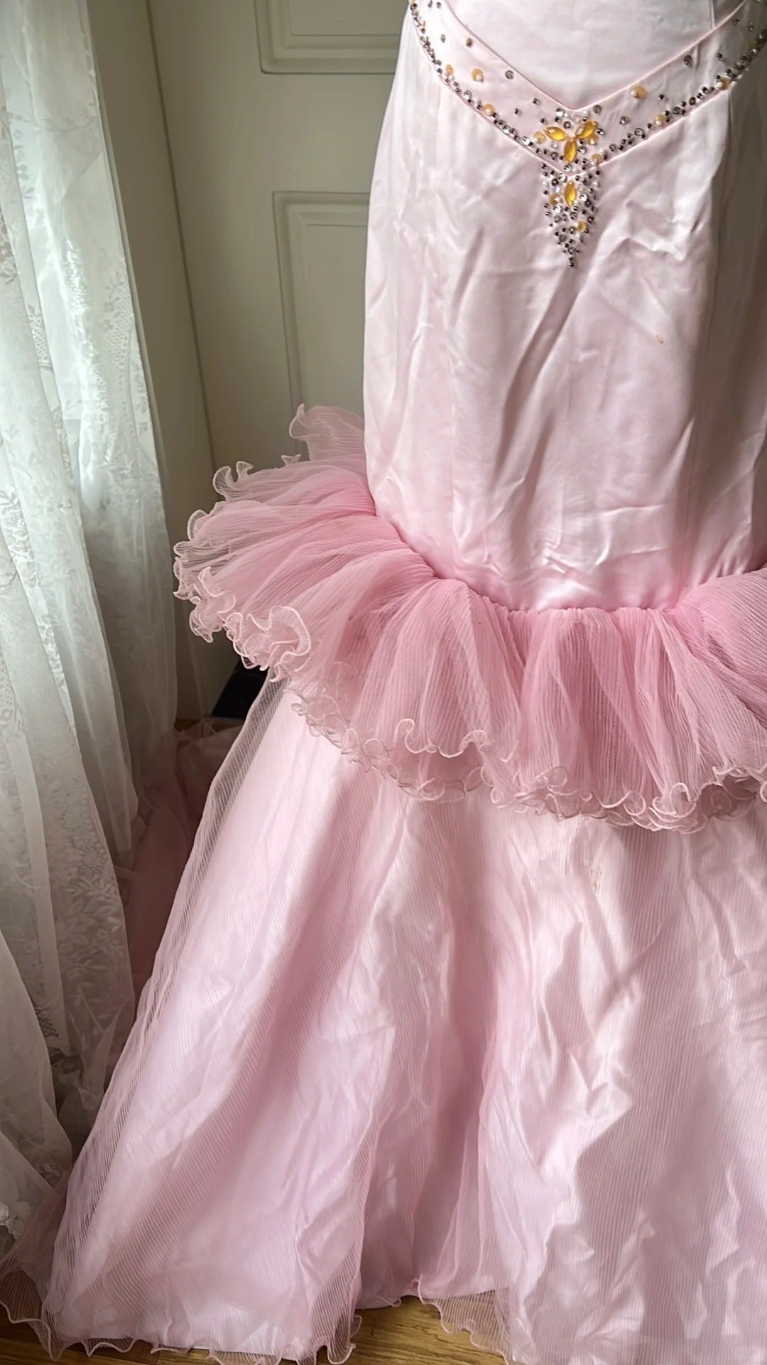 Vintage Princess Pink Mermaid Satin Tulle Train Classy Prom Dress