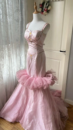 Vintage Princess Pink Mermaid Satin Tulle Train Classy Prom Dress