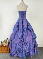 Vintage Princess Purple-Blue Sweetheart Neck Satin Ruched Long Ball Gown Prom Dress