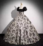 Vintage Printed Square Neck Puff Sleeve Velvet Ball Gown Prom Dress Sweet 16 Dress