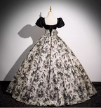 Vintage Printed Square Neck Puff Sleeve Velvet Ball Gown Prom Dress Sweet 16 Dress