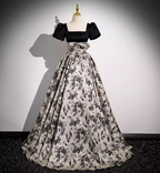 Vintage Printed Square Neck Puff Sleeve Velvet Ball Gown Prom Dress Sweet 16 Dress