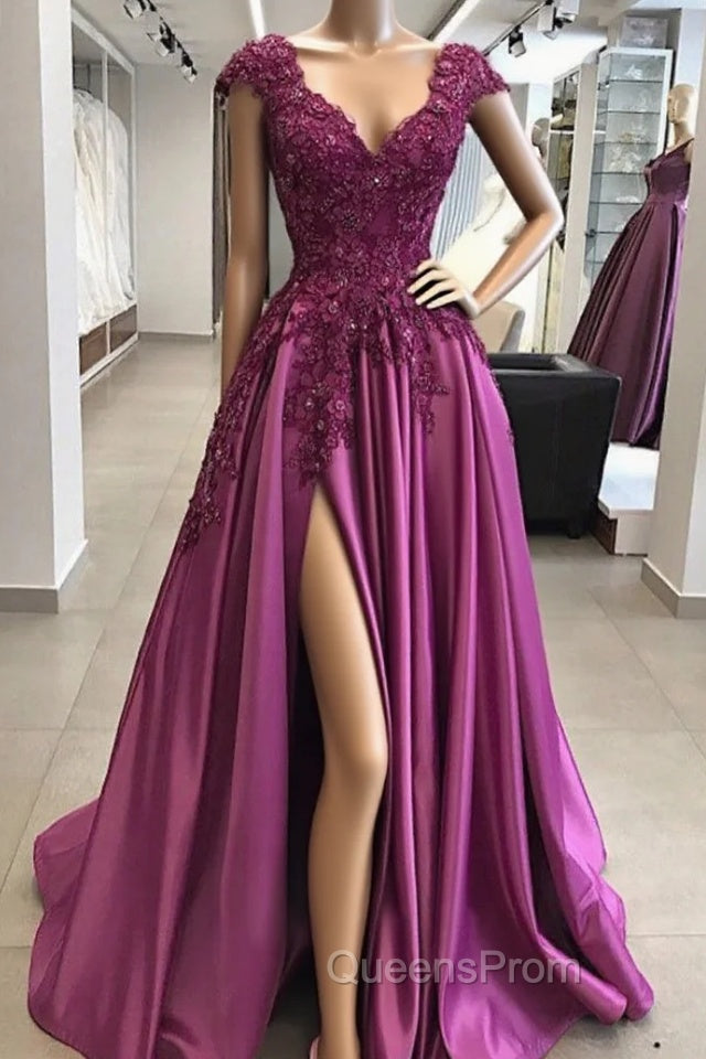 Vintage Evening Prom Dress 90S, A-line/Princess V Neck Sleeveless Long/Floor-Length Satin Evening Prom Dress with Appliqued Beading Split
