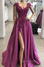 Vintage Evening Prom Dress 90S, A-line/Princess V Neck Sleeveless Long/Floor-Length Satin Evening Prom Dress with Appliqued Beading Split