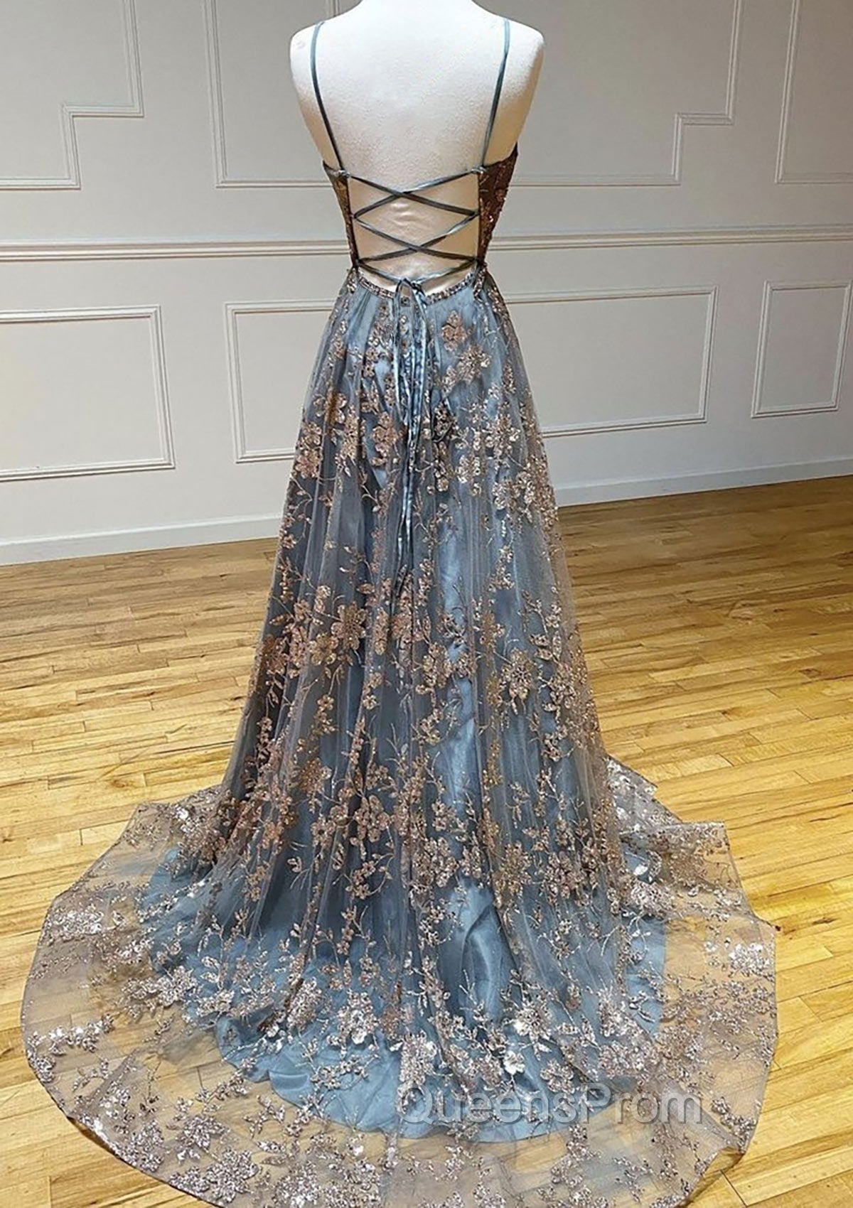 Vintage Evening Prom Dress 90S, A-line V Neck Sleeveless Sweep Train Tulle Satin Evening Prom Dress With Appliqued Split Secondary image