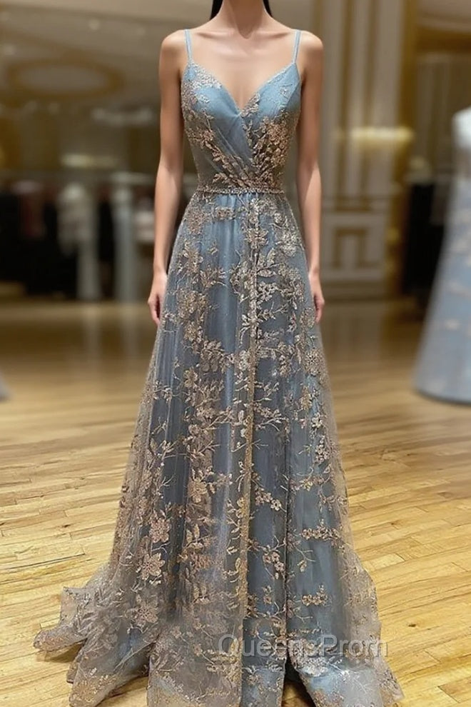 Vintage Evening Prom Dress 90S, A-line V Neck Sleeveless Sweep Train Tulle Satin Evening Prom Dress With Appliqued Split Main image