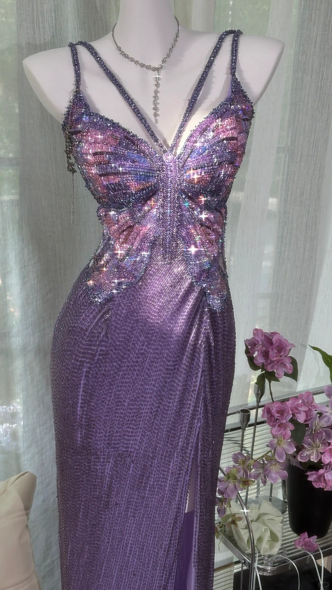 Vintage Purple Strap Chiffon Halter Back High Slit Beaded Classy Evening Gown Classy Prom Dress