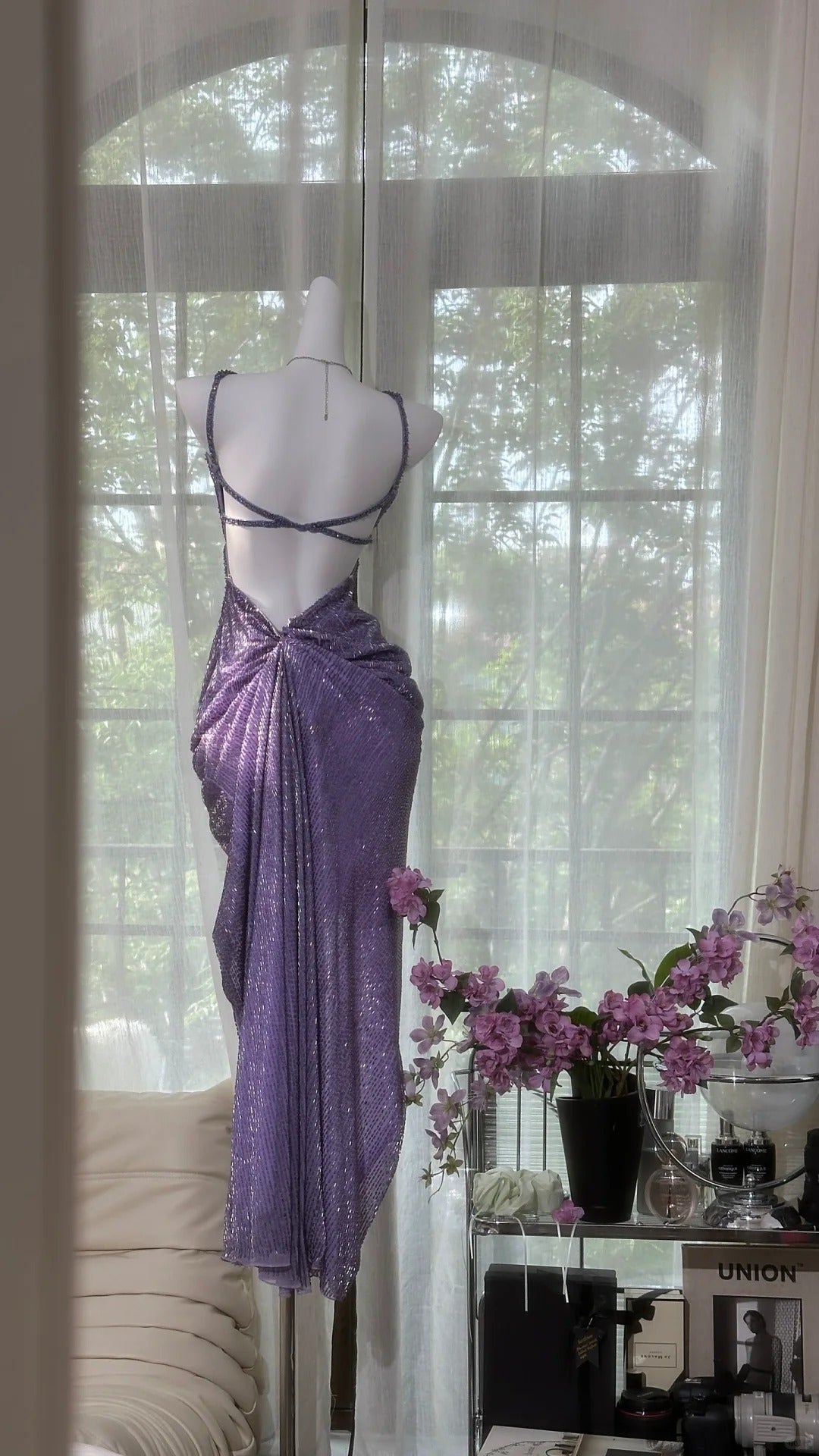 Vintage Purple Strap Chiffon Halter Back High Slit Beaded Classy Evening Gown Classy Prom Dress