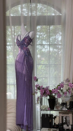 Vintage Purple Strap Chiffon Halter Back High Slit Beaded Classy Evening Gown Classy Prom Dress