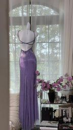 Vintage Purple Strap Chiffon Halter Back High Slit Beaded Classy Evening Gown Classy Prom Dress