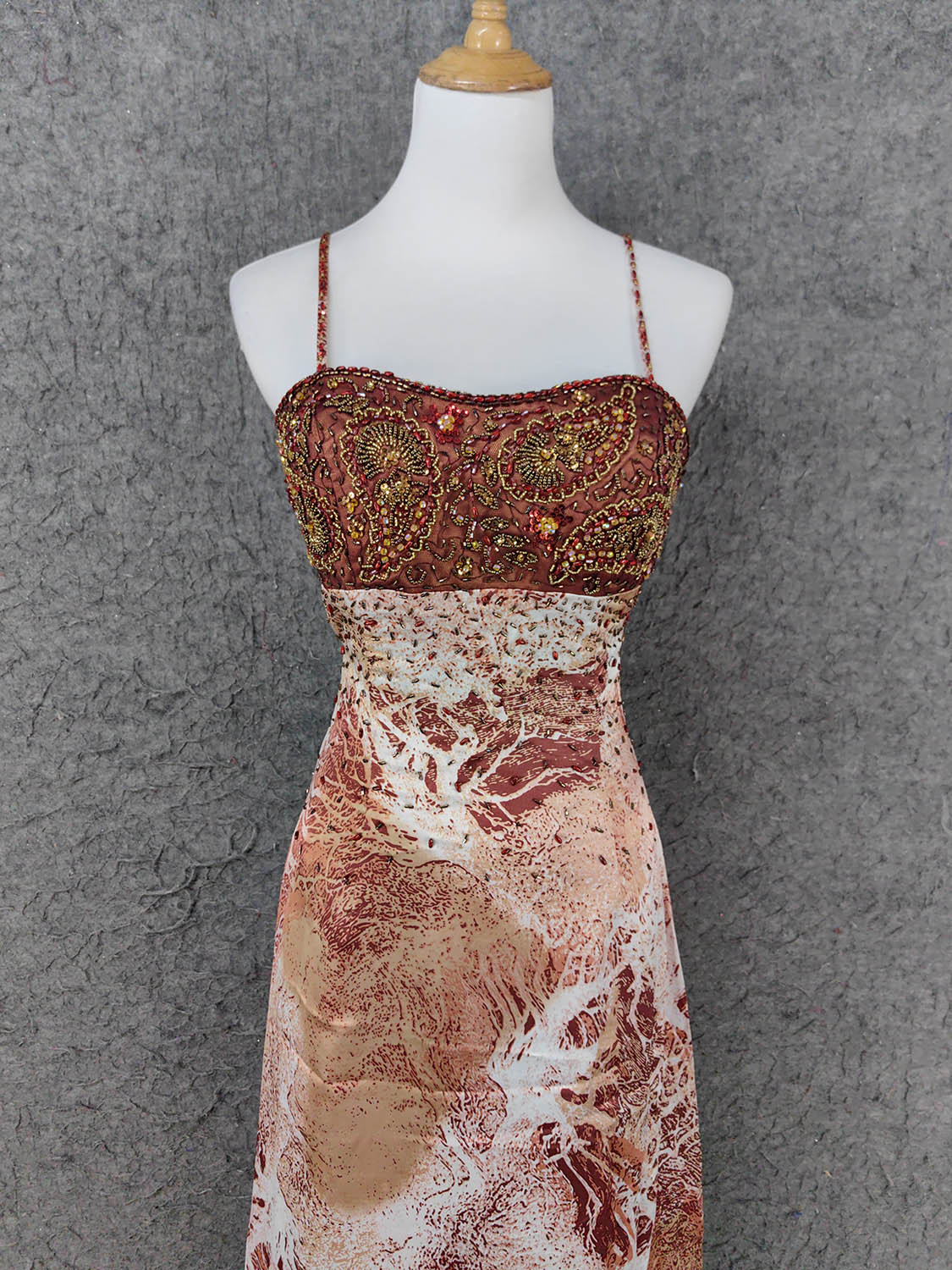 Vintage Red-Brown Gilded Gradient Spaghetti Strap Beaded Satin Long Classy Prom Dress