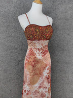 Vintage Red-Brown Gilded Gradient Spaghetti Strap Beaded Satin Long Classy Prom Dress