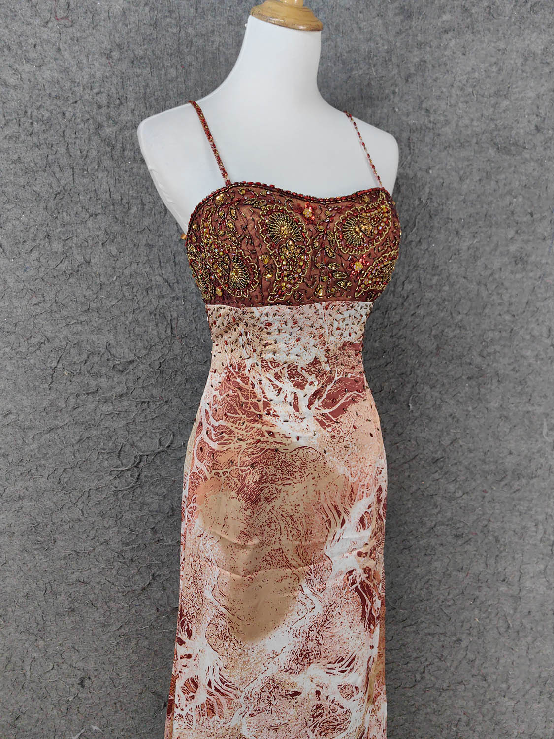 Vintage Red-Brown Gilded Gradient Spaghetti Strap Beaded Satin Long Classy Prom Dress