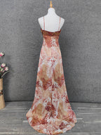 Vintage Red-Brown Gilded Gradient Spaghetti Strap Beaded Satin Long Classy Prom Dress