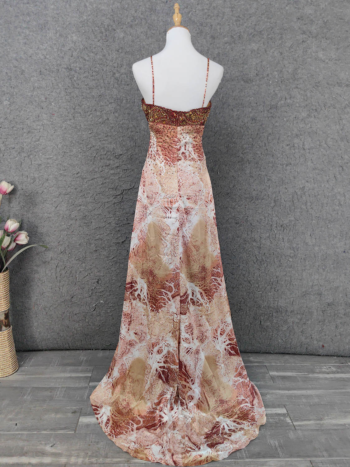 Vintage Red-Brown Gilded Gradient Spaghetti Strap Beaded Satin Long Classy Prom Dress