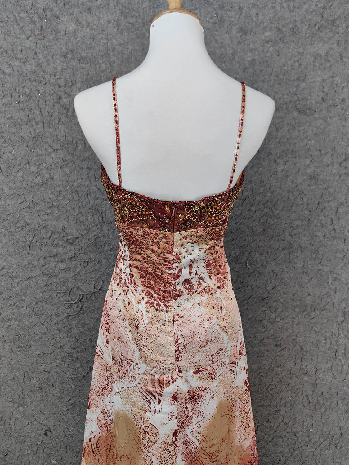 Vintage Red-Brown Gilded Gradient Spaghetti Strap Beaded Satin Long Classy Prom Dress