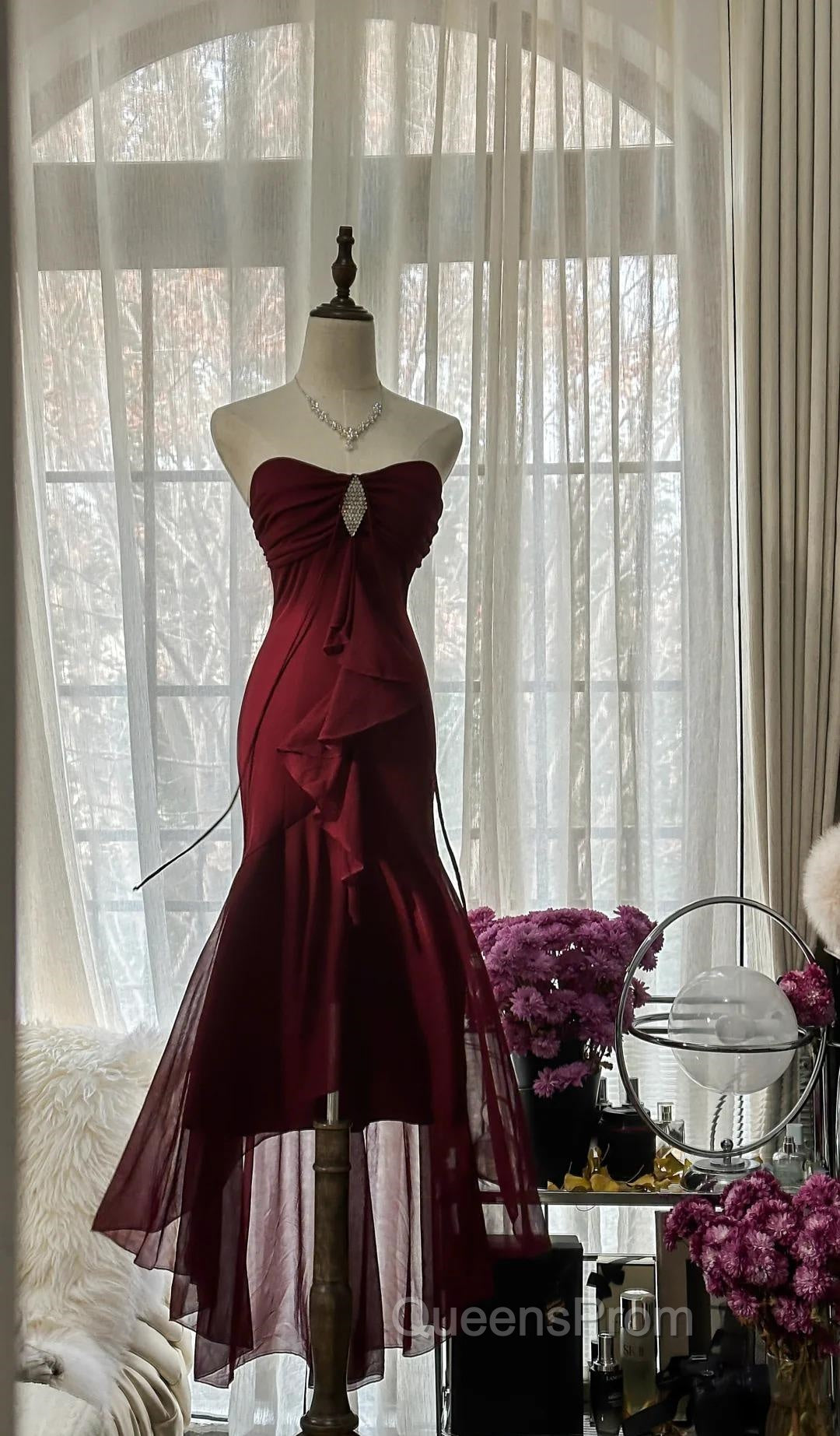 Vintage Red Mermaid Strapless Chiffon Evening Prom Dress Graduation Evening Prom Dress