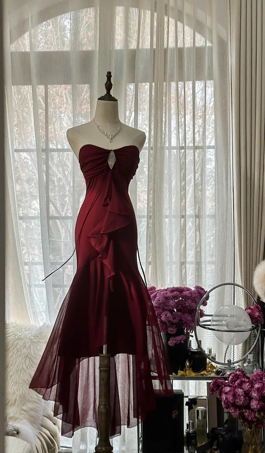 Vintage Red Mermaid Strapless Chiffon Classy Prom Dress Graduation Classy Prom Dress