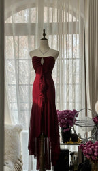 Vintage Red Mermaid Strapless Chiffon Classy Prom Dress Graduation Classy Prom Dress