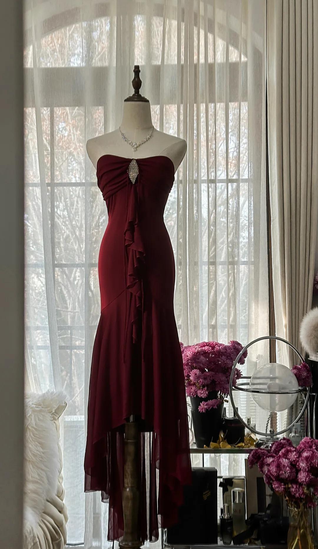 Vintage Red Mermaid Strapless Chiffon Classy Prom Dress Graduation Classy Prom Dress Main image