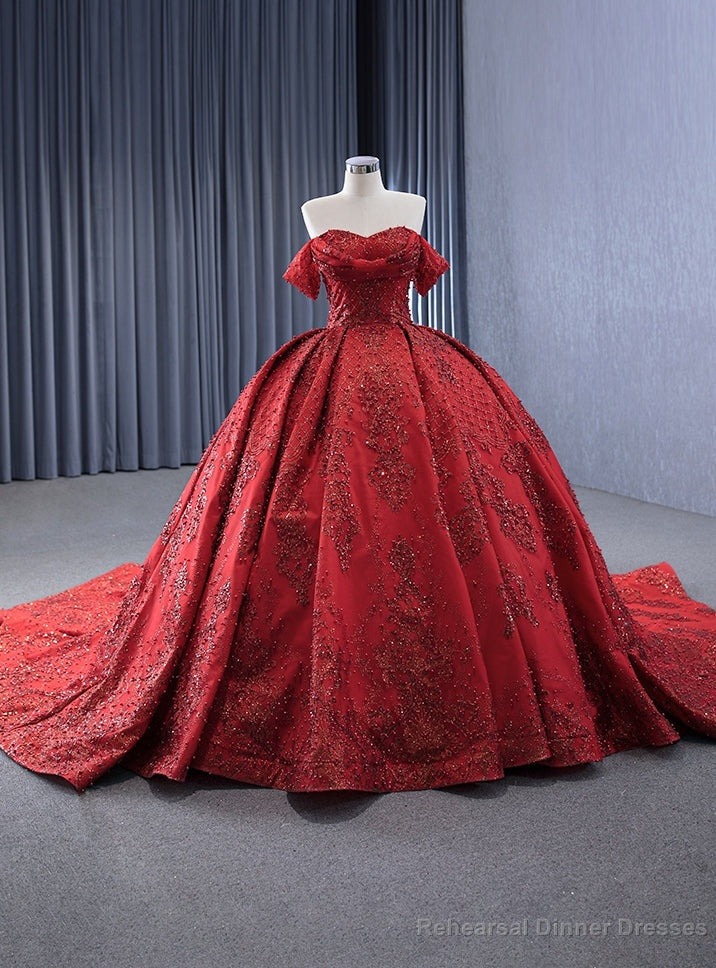 Vintage Red Tulle Sequins Off the Shoulder Pearls Prom Dress Main image