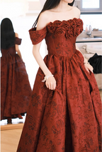 Vintage Rose Burgundy Off-The-Shoulder Jacquard Satin Long Classy Prom Dress