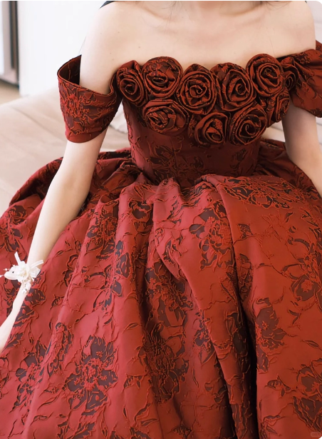 Vintage Rose Burgundy Off-The-Shoulder Jacquard Satin Long Classy Prom Dress