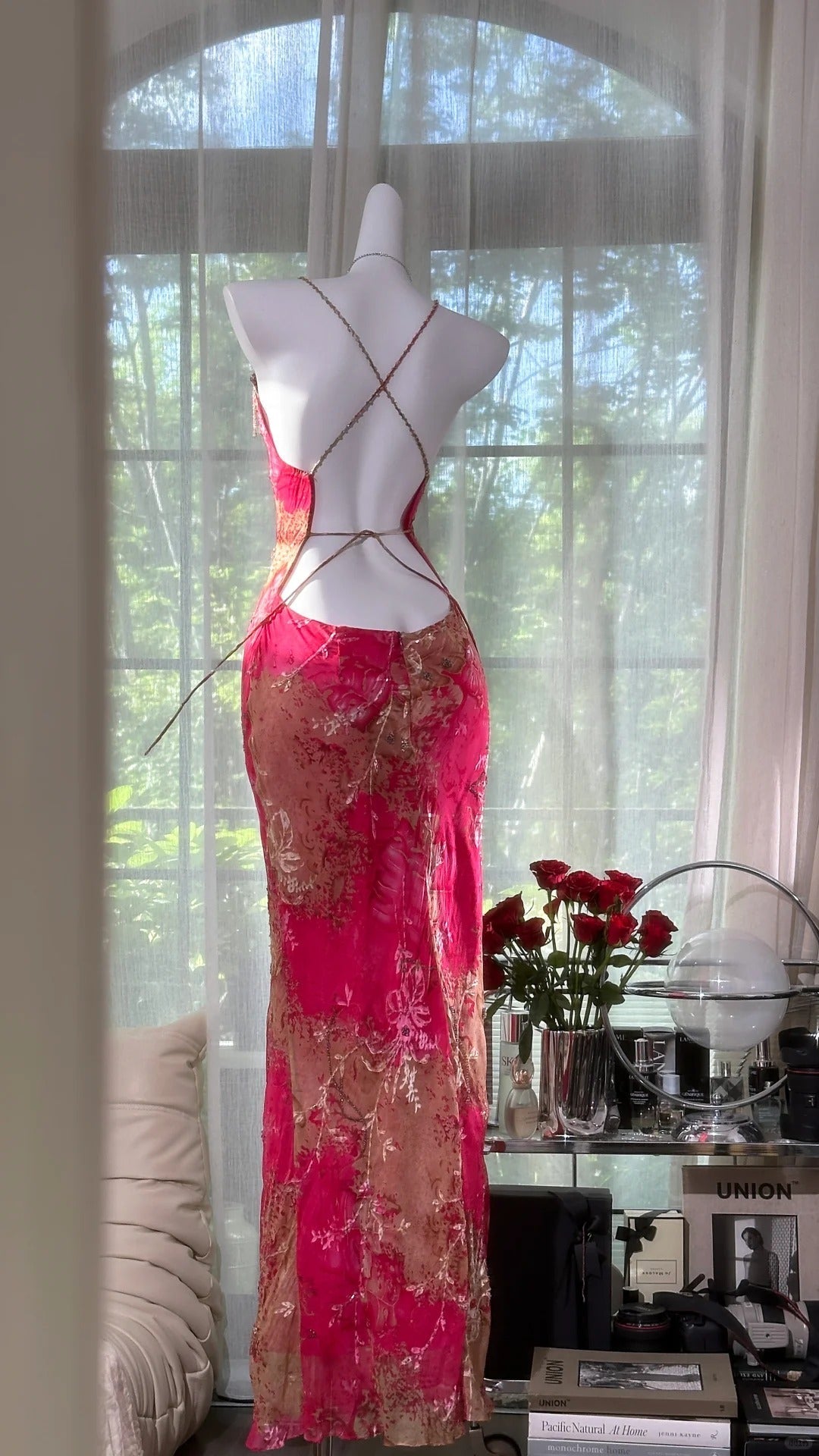 Vintage Rose Pink Floral Mermaid Backless Chiffon Long Classy Prom Dress