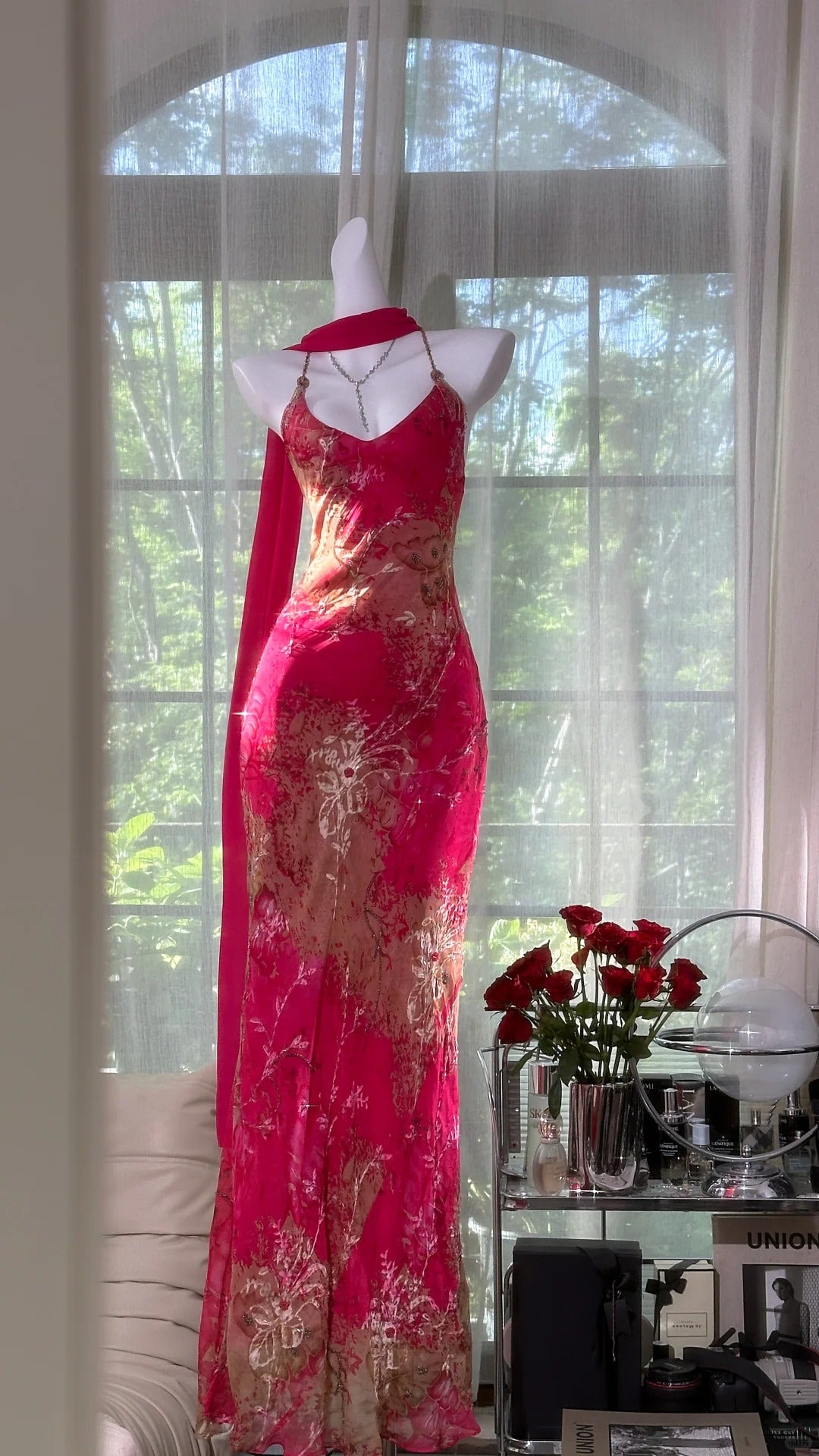 Vintage Rose Pink Floral Mermaid Backless Chiffon Long Classy Prom Dress Main image