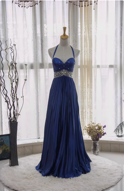 Vintage Royal Blue A-Line Halter Neck Rhinestone Satin Long Classy Prom Dress Secondary image