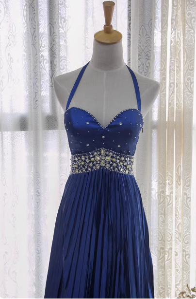 Vintage Royal Blue A-Line Halter Neck Rhinestone Satin Long Classy Prom Dress