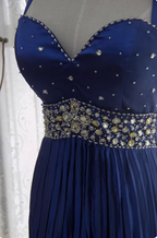 Vintage Royal Blue A-Line Halter Neck Rhinestone Satin Long Classy Prom Dress