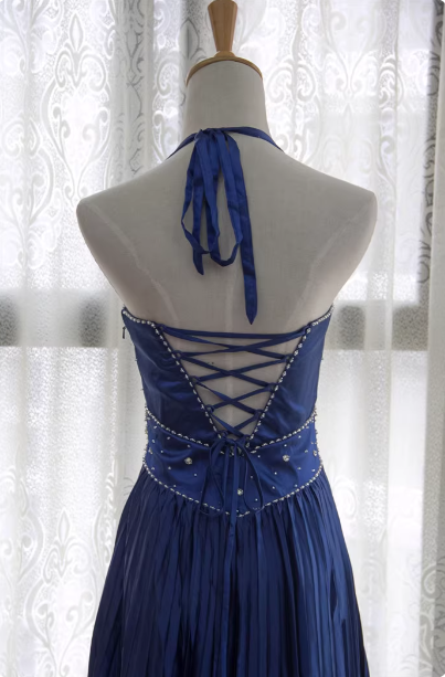 Vintage Royal Blue A-Line Halter Neck Rhinestone Satin Long Classy Prom Dress
