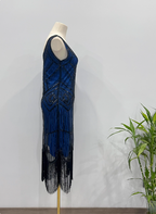 Vintage Royal Blue / Emerald Green Slim-Fit Spaghetti Strap Fringe Sequin Midi Classy Prom Dress
