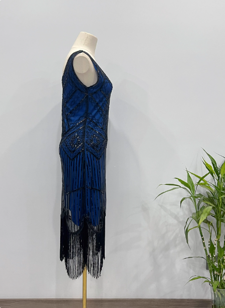 Vintage Royal Blue / Emerald Green Slim-Fit Spaghetti Strap Fringe Sequin Midi Classy Prom Dress