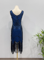 Vintage Royal Blue / Emerald Green Slim-Fit Spaghetti Strap Fringe Sequin Midi Classy Prom Dress