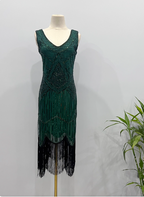 Vintage Royal Blue / Emerald Green Slim-Fit Spaghetti Strap Fringe Sequin Midi Classy Prom Dress
