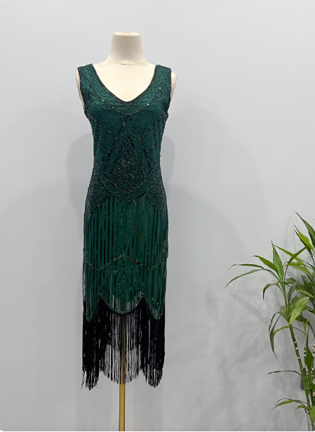 Vintage Royal Blue / Emerald Green Slim-Fit Spaghetti Strap Fringe Sequin Midi Classy Prom Dress