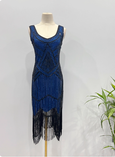 Vintage Royal Blue / Emerald Green Slim-Fit Spaghetti Strap Fringe Sequin Midi Classy Prom Dress Main image