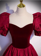 Vintage Royal Burgundy A-Line Puff Sleeve Velvet Satin Long Classy Prom Dress