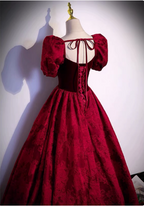 Vintage Royal Burgundy A-Line Puff Sleeve Velvet Satin Long Classy Prom Dress