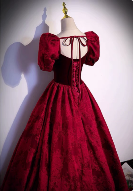 Vintage Royal Burgundy A-Line Puff Sleeve Velvet Satin Long Classy Prom Dress