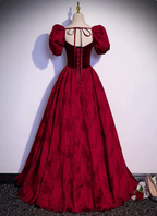 Vintage Royal Burgundy A-Line Puff Sleeve Velvet Satin Long Classy Prom Dress
