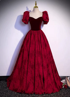 Vintage Royal Burgundy A-Line Puff Sleeve Velvet Satin Long Classy Prom Dress