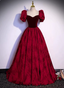 Vintage Royal Burgundy A-Line Puff Sleeve Velvet Satin Long Classy Prom Dress