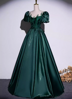 Vintage Royal Emerald Green Crew Neck A-Line Embroidered Satin Long Classy Prom Dress