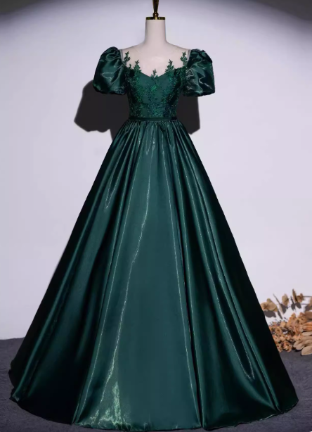Vintage Royal Emerald Green Crew Neck A-Line Embroidered Satin Long Classy Prom Dress