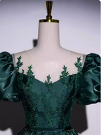 Vintage Royal Emerald Green Crew Neck A-Line Embroidered Satin Long Classy Prom Dress